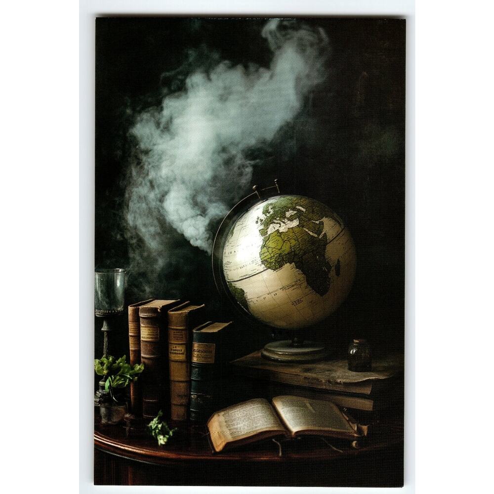 Vintage Photochrome Postcard Globe and Old Books Still Life 5.5x4